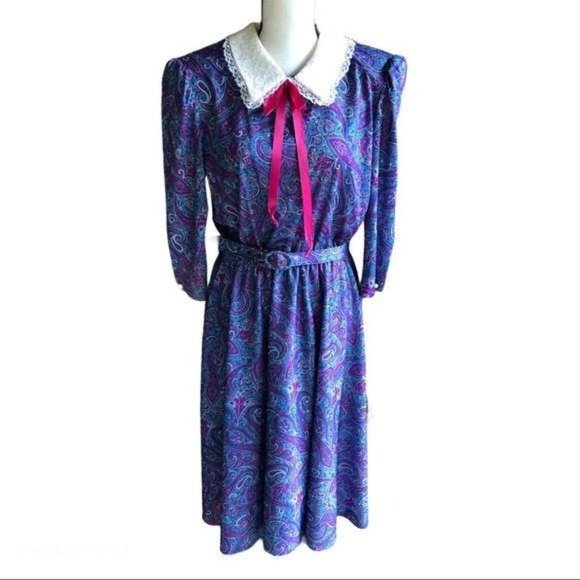 Vintage 80’s Paisley Lace Collar Dress Purple sz10 - Picture 16 of 16